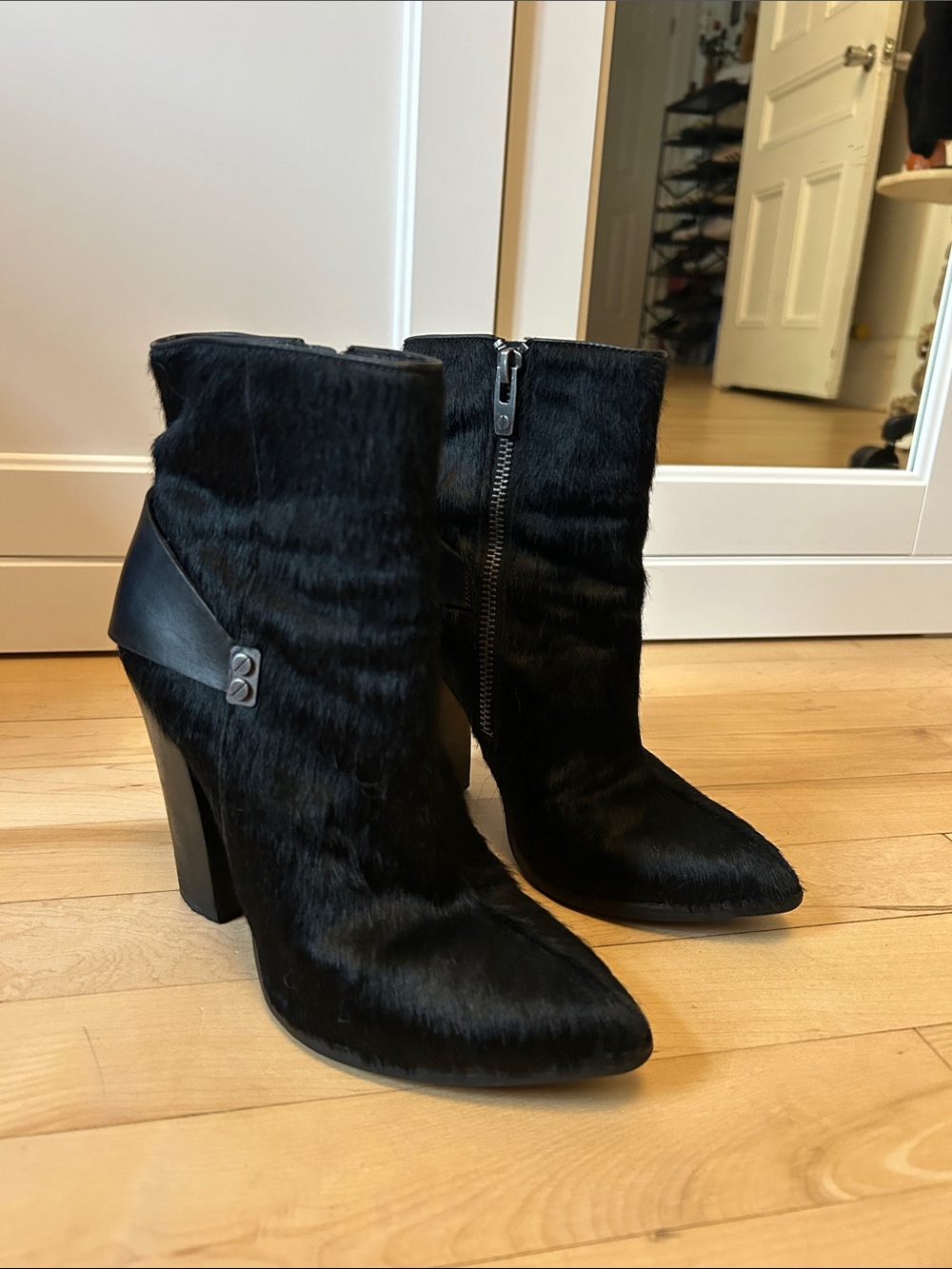 Black Cow Fur Leather Block Heel Ankle Boots